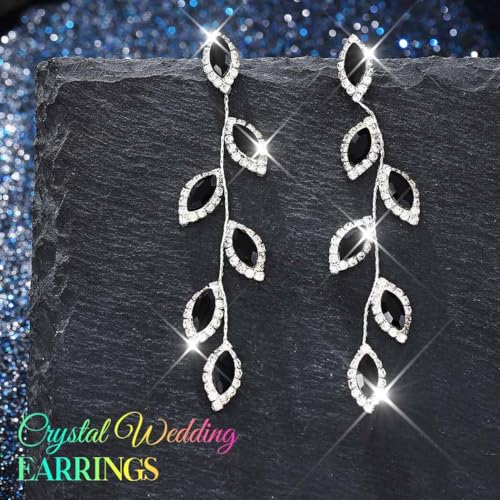 Catery Crystal Wedding Earrings Rhinestones Dangling Earrings Leaf Bridal Ear Jewelry for Brides and Women - color: Black