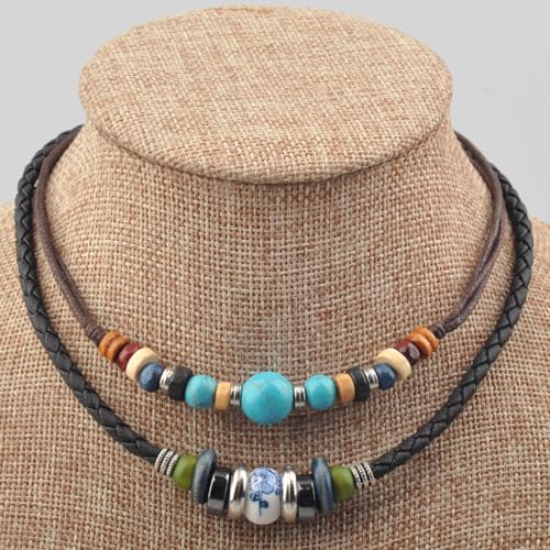 Ancient Tribe Boho Layered Leather and Hemp Choker Necklace with Turquoise and Ceramic Beads – Adjustable Double Cord Jewelry for Men and Women, 15 Inch Inner Cord