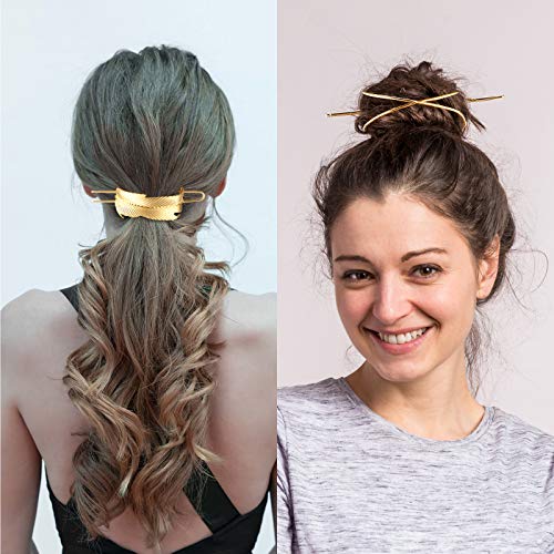 3 Pieces Gold Hair Accessory Set: Feather X-Shaped Bun Clip, Stick and Round Top