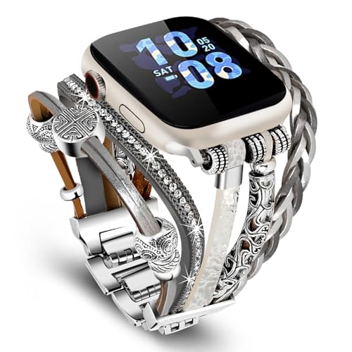 Boho Bracelet Compatible with Apple Watch Band 38mm Women, 40mm 41mm Bands for Apple Watch, Multilayer Leather Wrap Braided Strap for iWatch Series 11/10(42mm)/9/8/7/6/5/4/3/2/1/SE - color: A-Silver Gray, size: 42(series 11/10)/41/40/38mm