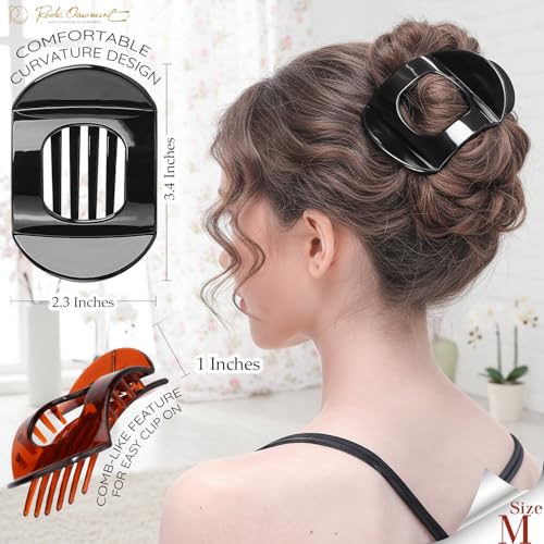 RC ROCHE 6 Pcs Flat Claw Hair Clips for Women Thick Hair French Round Duckbill Square Secure Strong Hold Grip Clamps Barrettes Curved No Slip No Crease Styling Cute, Medium Black, Brown & Transparent - color: (Medium) Black Brown Transparent