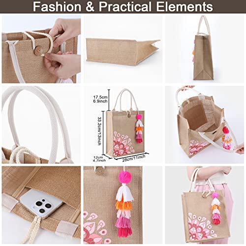 itgowisa Jute Beach Bag for Women, Burlap Beach Tote Bag with Tassel Pocket, Summer Gift for Vacation, Pool, Cruise & Grocery | Jute material - color: Pink Tassel B