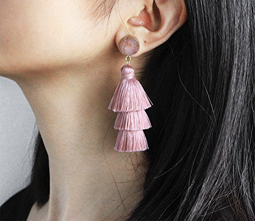 Me&Hz Colorful Layered Tassel Earrings Bohemian Statement Tiered Tassel Big Dangle Drop Earrings for Women Druzy Studs Valentine’s Day Gift - color: Blush Pink