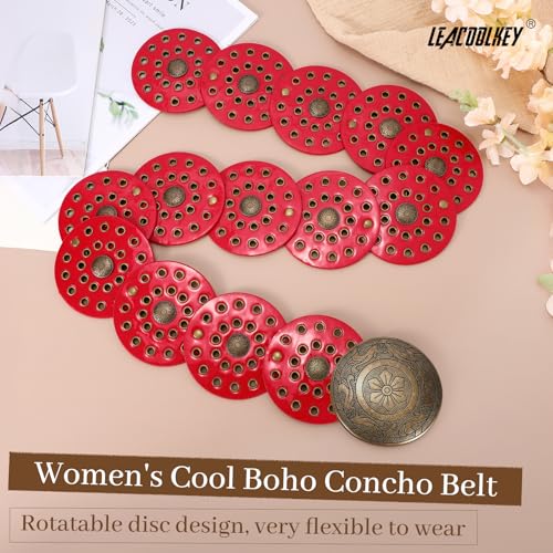 LEACOOLKEY Women's Boho Disc Belt Wide Western Leather Belt Vintage Concho Waist Belts for Dress Jeans - color: A-red, size: Fits 27"–33" (Waist/Hips), style: Style a