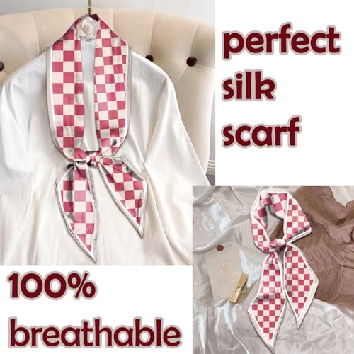 Hair Head Scarf Silk Feeling Long Satin Neck Satin Scarves for Handbag Cute Aesthetic Decoration Women Girls 59 * 6.7” - color: Y7-pink Check