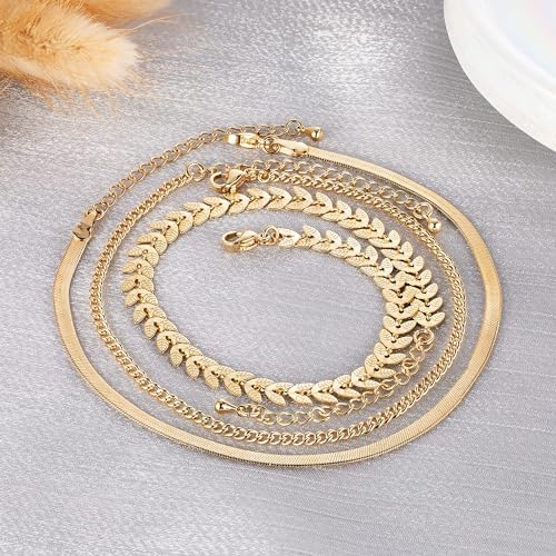 MIDEEO Gold/Silver Ankle Bracelets for Women,14K Gold Anklets for Women Waterproof Cuban Link Heart Beads Herringbone Rhinestone Anklets Set Layered Anklet Bracelets for Women Gold Jewelry Gift - style: 3Pcs Anklets C-Gold