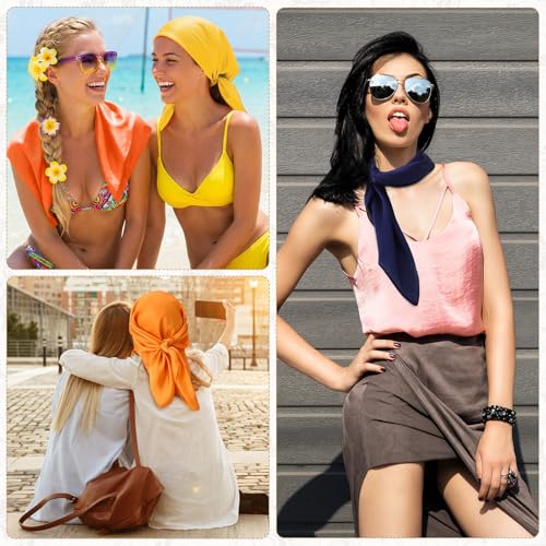 JATEBI 27''/35'' Women Large Satin Scarf Silk Feel Square Wraps Big Hair Bandanas Vintage Print Solid Color Bandana Scarves - color: Black, Red, Yellow, Green, Blue, Orange Solid, size: 27'' Medium