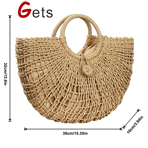 Gets Handwoven Rattan Top-handle Bag for Women Bohemian Round Straw Tote Bag Beach Large Carrying Handbag - color: Khaki