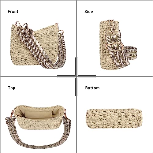 Women Straw Small Crossbody Bag Handmade Woven Shoulder Handbag Summer Beach Purse with Guitar Strap | Straw - color: Beige
