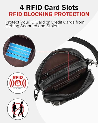 FADEON Small Purses for Women Crossbody Bags, Designer PU Leather Mini Cross Body Purse Travel Shoulder Bag Card Slots - color: Pure Black Retro Style