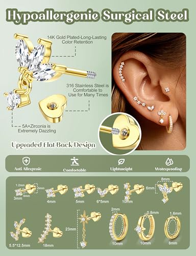 ORAZIO 16 Gauge Cartilage Earrings for Women Flat Back Hypoallergenic Surgical Steel Small Flatback Stud Hoop Cartilage Earring Stack Set Daith Conch Tragus Helix Piercing Jewelry Single PC - color: 14K Gold Plating