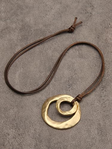 GelConnie Leather Necklace for Women Round Wooden Pendant Long Leather Choker Vintage Sweater Necklace Gold Chunky Boho Necklaces for Women - style: 2 Circles Gold Necklace
