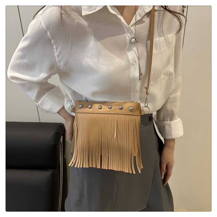 Fringe Shoulder Bag with Studs, Vintage Style Crossbody Purse, Spacious Women's Boho Bag - color: Khaki