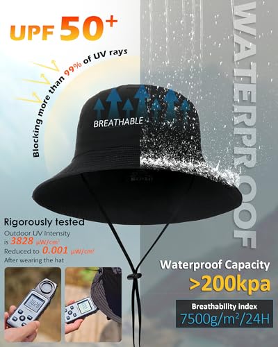 Water-Resistant Bucket Hat for Women Men Rain Hat UPF 50+ Boonie Sun Hat Foldable Summer Floppy Fishing Safari Hats - color: Black