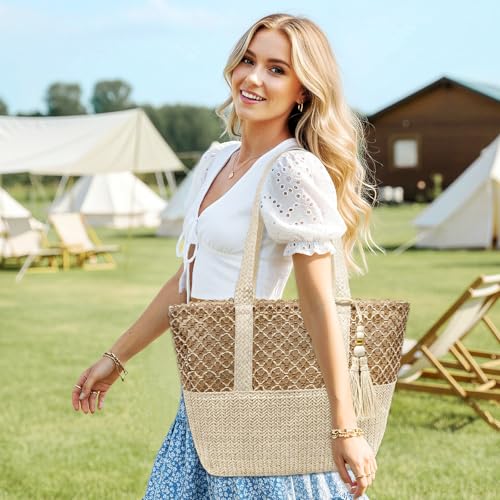 YAMEIZE Straw Woven Beach Shoulder Bags for Women Big Foldable Straw Tote bag Lightweight Raffia Bag with Zipper Summer - color: Khaki