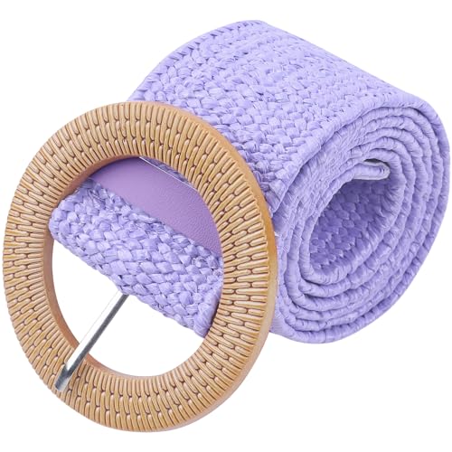 Women's Cotton and Linen Style Plastic Straw Braided Belt Circle Buckle for Dresses - color: Purple