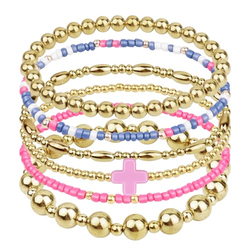 Gold Beaded Bracelets for Women: 14K Gold Bracelets for Women Trendy Dainty Gold Ball Bracelet Stack for Womens - Boho Stretch Bracelets Jewelry Sets with Cross Fashion Accessories Gifts for Women - style: Pink Cross