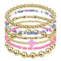 Gold Beaded Bracelets for Women: 14K Gold Bracelets for Women Trendy Dainty Gold Ball Bracelet Stack for Womens - Boho Stretch Bracelets Jewelry Sets with Cross Fashion Accessories Gifts for Women - style: Pink Cross