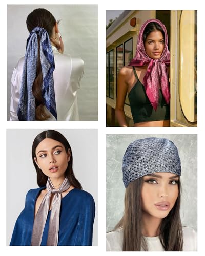 Molans 35" Silk Satin Square Head scarves - 4Pcs Large Scarfs Hair Bandana Head Kerchief Neck Scarf Sleeping Wraps for Women - color: Red, Camel, Black, Navy Blue