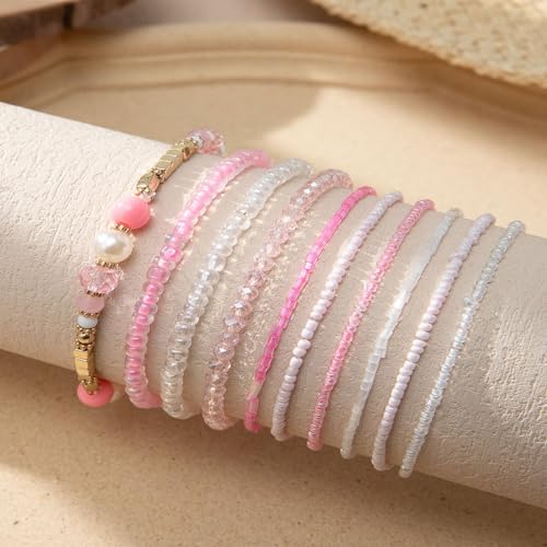 Handmade Bohemian Colorful Crystal Beaded Bracelets Set Multilayered Stackable Boho Stretch Adjustable Bangle Cuff Friendship Summer Beach Jewelry for Women - color: pink