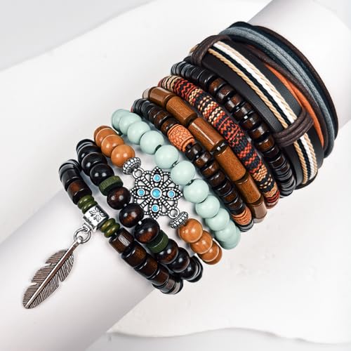 Punk Braided Leather Bracelets for Men Women Gothic Wood Beaded Tribal Wrap Wristband Grunge Emo Multilayer Adjustable Mens Bracelet in Black Brown Fathers Day Gift - color: Brown Feather