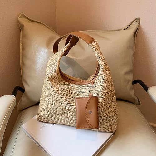 Women's Woven Beach Shoulder Handbag Colorful Straw Tote Bag Summer Vacation Crossbody Bag - color: 3016brown
