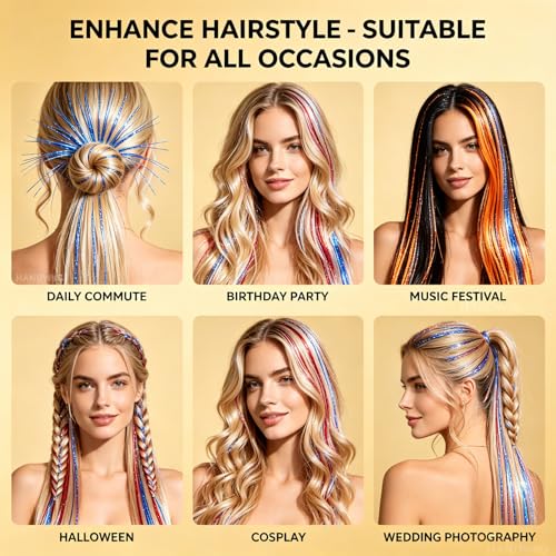 Hair Tinsel Kit 18 Colors 47 Inch Heat Resistant Reusable Stretchable Durable Shiny Hair Tinsel Strands for Women Girls Daily Wear Festival Party Cosplay Halloween Christmas Hair Accessories - color: 18 Colors+Tools, size: 47 Inch