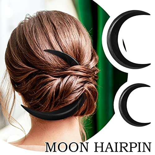 2 Pcs Hand Carved Crescent Moon Hair Fork for Women Moon Hair Stick Wooden Moon Hair Clip Crescent Moon Hairpin Wood Moon Hair Accessories Hair Styling Pins Moon Barrettes, 2 Sizes (Black) - color: Black