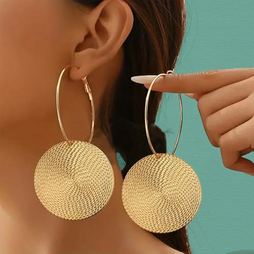 Large Gold Boho Disc Hoop Earrings for Women Vintage Thick Big Hammered Circle Dangle Hoops Earring Chunky Oversized Round Coin Statement Jewelry