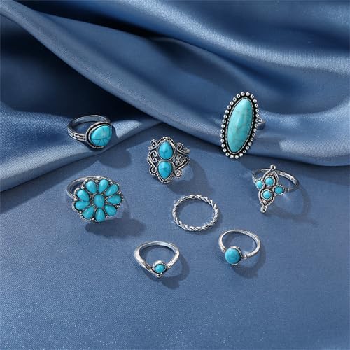 Bohemian Turquoise Ring Set for Women,Vintage Gem Turquoise Opal Joint Knuckle Stackable Rings Chunky Boho Midi Ring Pack Punk Western Ring Mixed Size - style: Style A