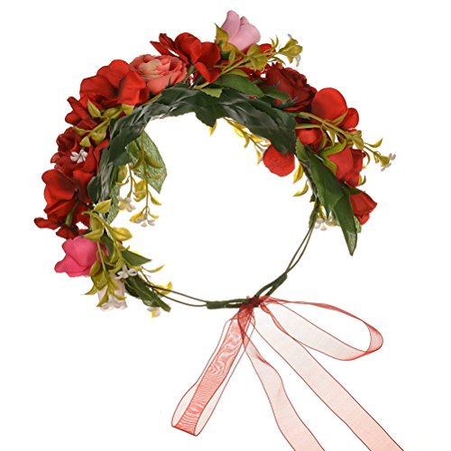 Vivivalue Rose Flower Crown Boho Flower Headband Hair Wreath Floral Headpiece Halo with Ribbon Wedding Party Festival Photos Red - color: 96
