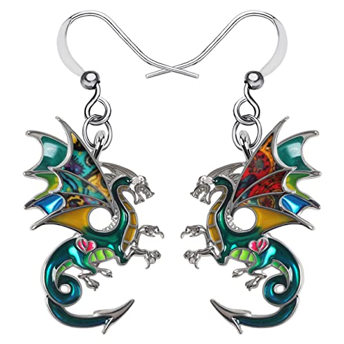 Enamel Alloy Dinosaur Fantasy Dragon Earrings Drop Dangle Unique Animal Jewelry For Women Dragons Gifts - color: Emerald Green