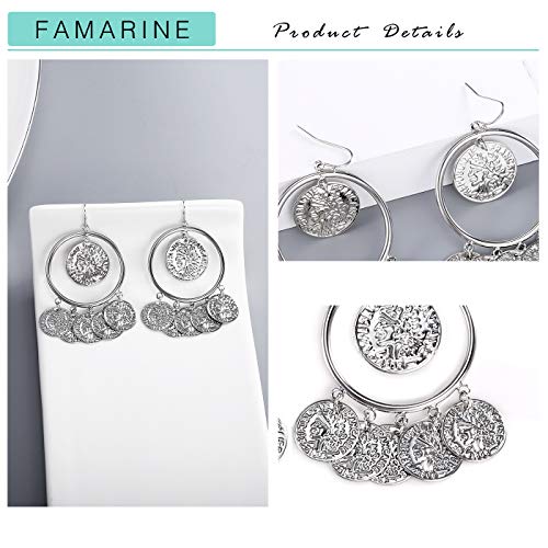 FAMARINE Vintage Tribal Chandelier Portrait Coins Hoop Drop Earrings for Women Costume Jewelry - color: Silver