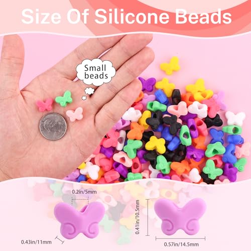 150Pcs Buttlefly Shaped Silicone Hair Beads for Braiding, 5mm hole Soft Pony Beads Bulk, Multi-color Hair Jewerly Accessories Kit with 60 Rubber Bands and 1 Beader for Braids,DIY Bracelets and Crafts - color: Butterfly-Multicolor-150pcs