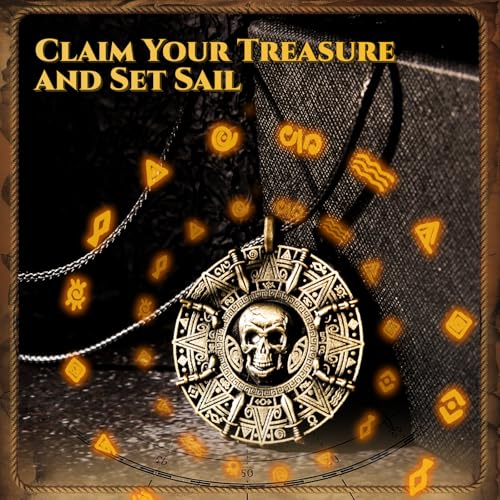 UNKENBO® Pirate Necklace for Men Women - Double-Sided Antique Brass Pirate Accessories, Cursed Skull Coin Medallion Jewelry, Authentic Halloween Cosplay Costume Jewelry Pendant Gift - color: Antique Brass