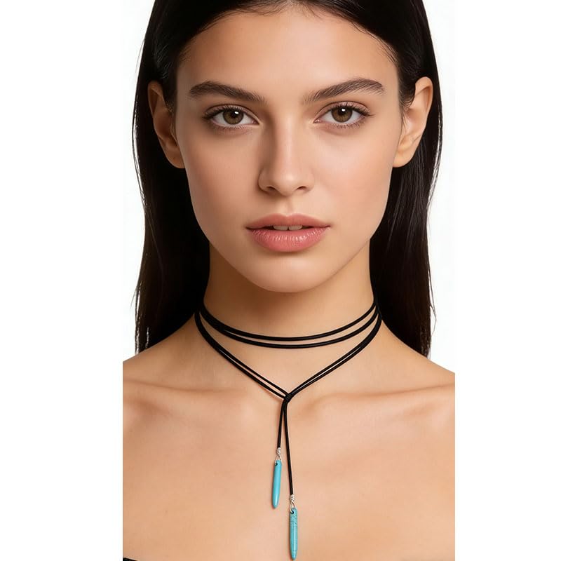 ONLYJUMP Boho Turquoise Leather Choker Necklace for Women Bohemian Handmade Leaf Layered Black Brown Suede Western Cowlady Necklace Western Country Party Jewelry Gifts - style: Black