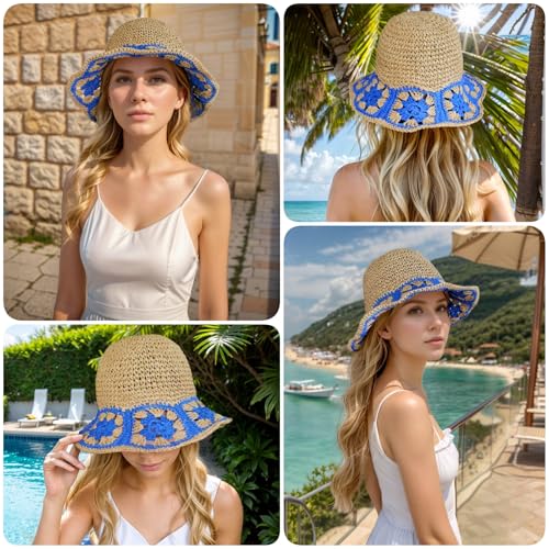 Floppy Big Beach Straw Hats for Women Foldable Summer Wide Brim Packable Sun Hat Womens Travel Straw Fedora Hat - color: Floral-1