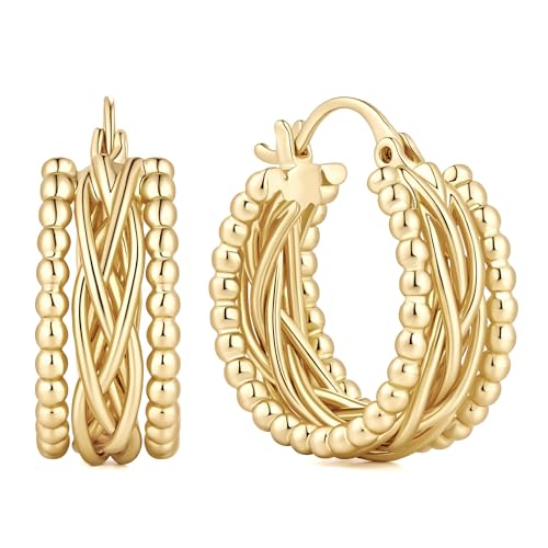 NEARLAND Gold Hoop Earrings 14K Gold Earrings for Women Gold Hoop Earrings for Womens Hoops Twisted Lines with Beaded Textures for Dimensional Look Hoops Earring for Womens