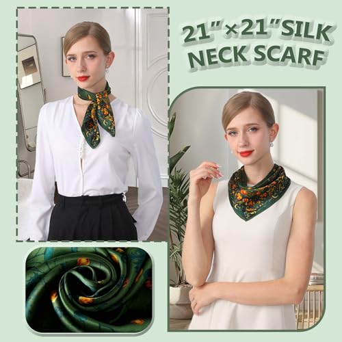 100% Mulberry Silk Neck Scarf 21''x21'' Small Square Hair Scarf for Women Men Lightweight Bandana Envelope Package - color: Animalforest-green