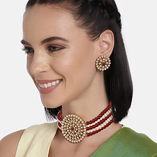 Aheli Pearl Diamond Choker Necklace & Round Earrings Gift for Women Indian Traditional Bollywood Fashion Bharatanatyam jewellery set - color: Maroon & White
