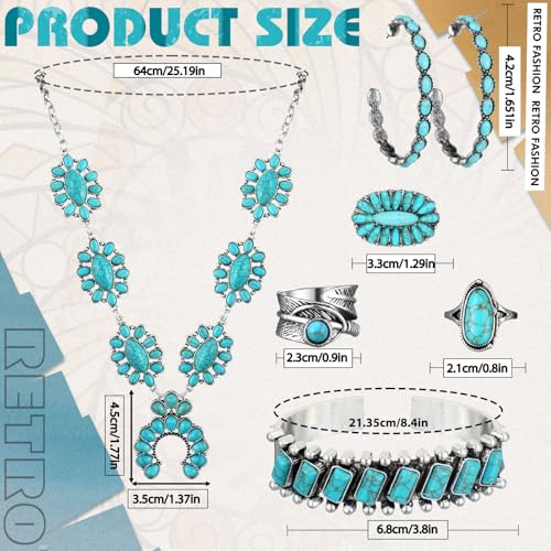 Ecally Bohemian Western Jewelry Turquoise Set Women Country Pendant Long Choker Layered Bracelets Earrings Ring for Women - color: Turquoise, style: Vibrant