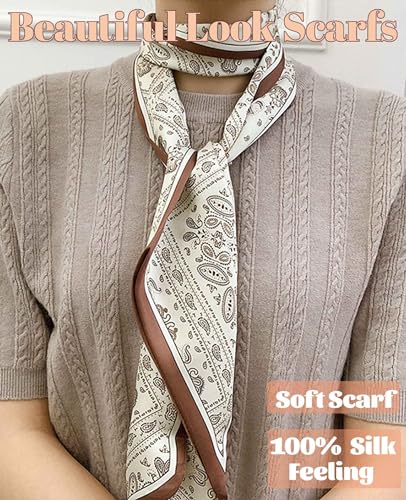 kcctoo 59" Mulberry Silk Like Head Scarf Women's Fashion Square Neck Satin Scarfs for Bag Hair Scarves Gift 59 * 5.9” - color: A009-brown Cashew Flower/59"x5.9"