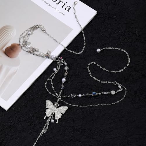 Y2k Belly Chain Rhinestone Butterfly Waist Beads Pearl Layered Silver Chain Belt For Women