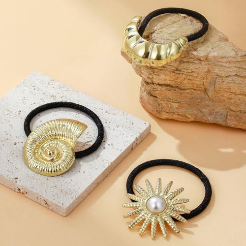 3PCS Gold Hair Ties, Metal Hair Ties for Thick Hair, Gold Ponytail Cuff Elegant Durable Geometric Design, Hair Accessories for Women, Stretchy & Non Damage Ponytail Holders with Pendant Holiday Gifts - color: Gold Set 08