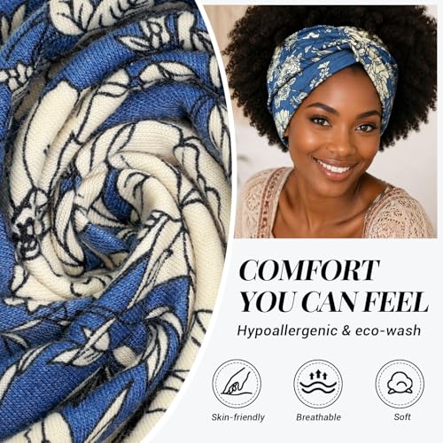 Wide Headbands for Women's Hair, 4 Pcs Hair bands – Vintage Turban Elastic Head Bands Adult Women Soft Head Wraps Knotted for Yoga & Workout – Summer Fashion Hair Accessories(Green flowers) - color: Green flowers