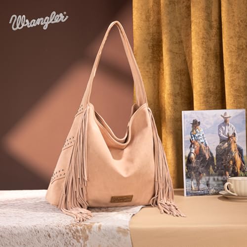 Wrangler Fringe Suede Hobo Bag for Women Leather Western Fringe Purse Tassel Hippie Shoulder Bag - color: Dark Pink