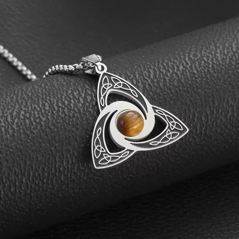 Irish Trinity Celtic Knot Power Stone Pendant Necklace Women Men Witches Knot Amulet Lucky Knot Jewelry - color: silvery