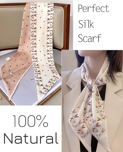kcctoo 59” Long Silk Like Head Scarf Women's Fashion Square Neck Satin Scarfs for Bag Hair Scarves Gift 59 * 5.9” - color: G2 Cute Rabbit Beige 59" X 5.9"