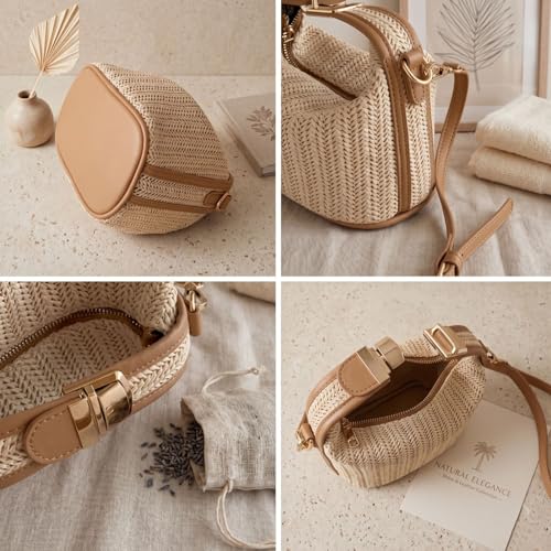 Straw Crossbody Bag for Women, Top Handle Woven Purse, Summer Handmade Lightweight Bucket Clutch Fashion Beach Raffia Tote Handbag