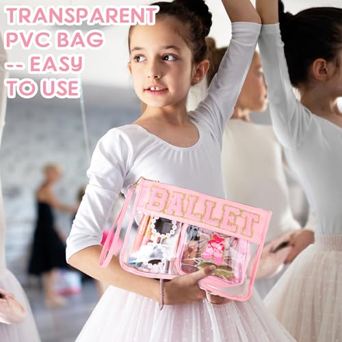 Hillban 2 Pcs Ballet Gifts Chenille Letter Bags Makeup Cosmetic Bags Toiletry Travel Flat Pouch Preppy Patch Clear Purse PVC Waterproof Organizer Storage Case Gifts for Team Girls Women - style: Ballet Theme